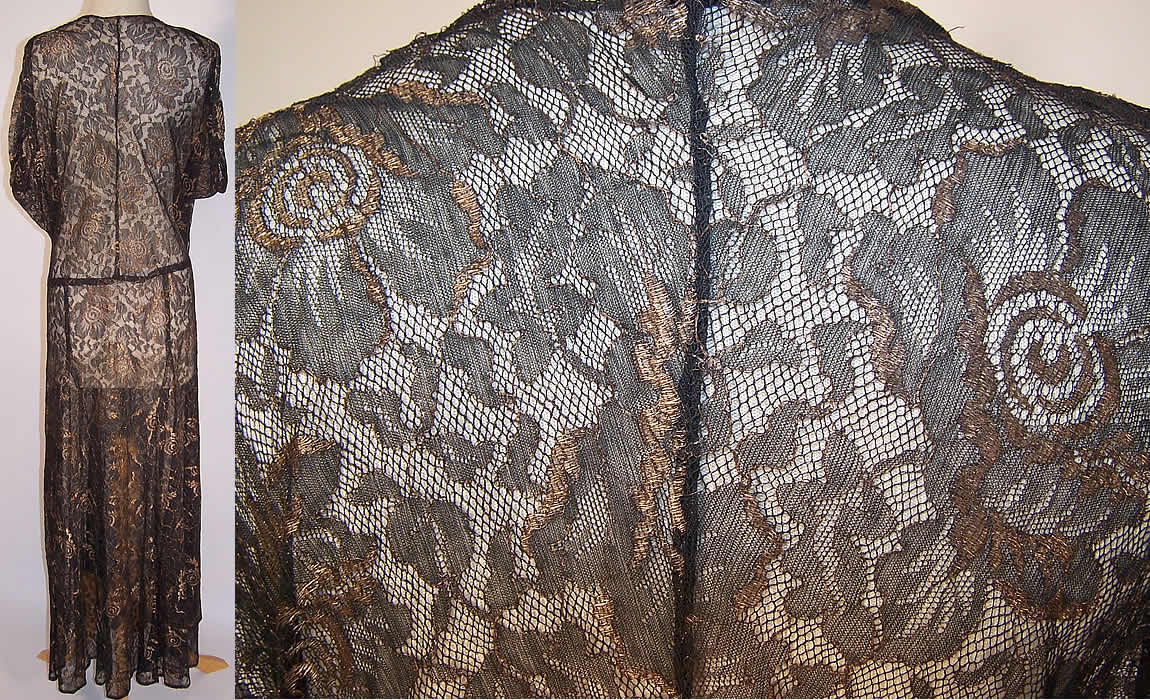 Vintage Black Lace Gold Metallic Lam&eacute; Bias Cut Evening Gown Dress back views