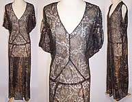 Vintage 1930s Black Lace Gold Metallic Lam&eacute; Bias Cut Evening Gown Dress