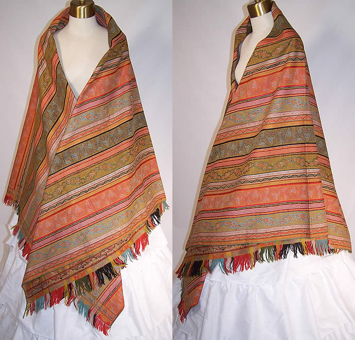 Victorian Antique Jacquard Hand Loom Wool Paisley Striped Shawl 70x70