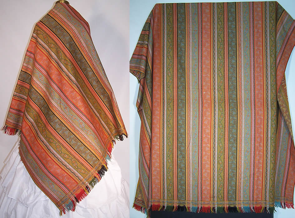 Victorian Antique Jacquard Hand Loom Wool Paisley Striped Shawl 70x70 inches