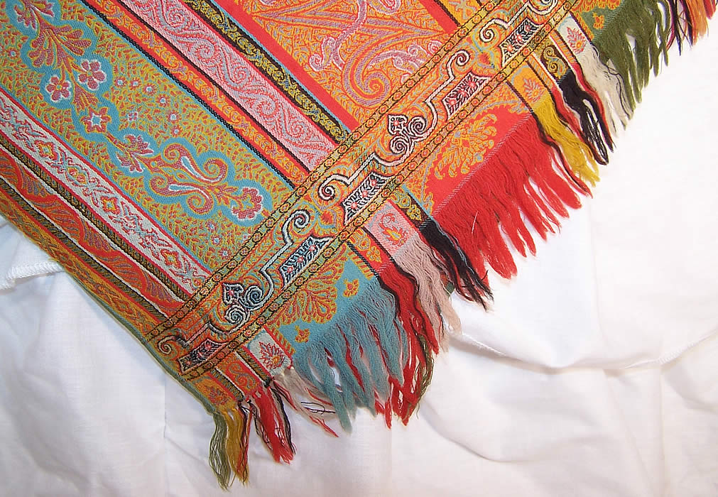 Victorian Antique Jacquard Hand Loom Wool Paisley Striped Shawl 70x70 inches
