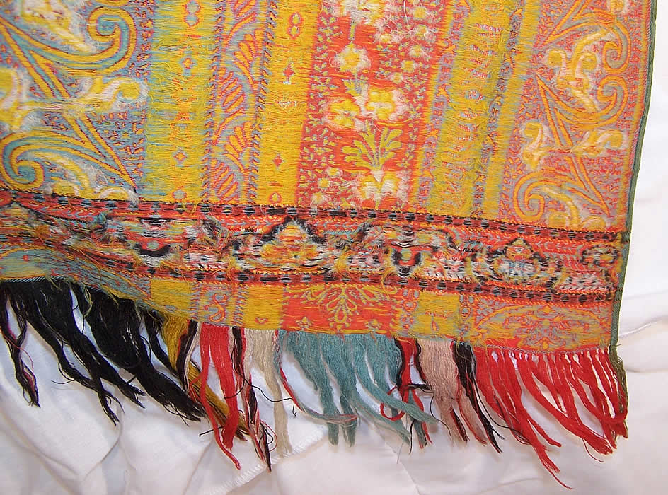 Victorian Antique Jacquard Hand Loom Wool Paisley Striped Shawl 70x70 inches