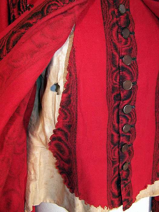 Victorian Red & Black Flannel Morning Robe Vest Bodice Bed Jacket  close up.