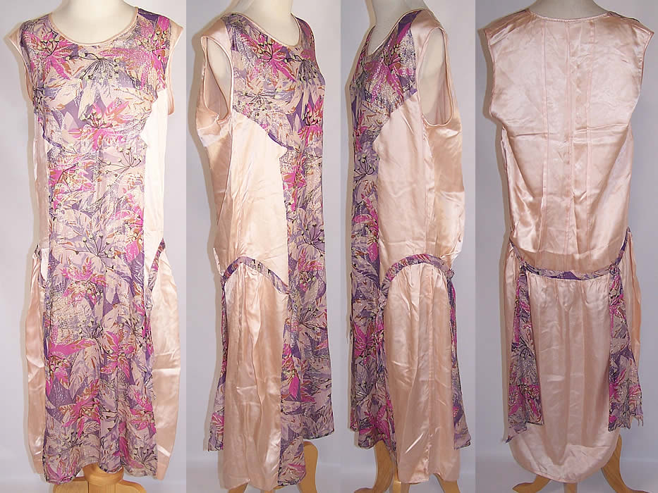 Art Deco Purple Floral Lam&eacute; Silver Metallic Pink Silk Drop Waist Dress