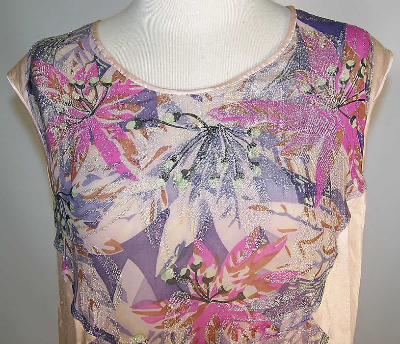 Art Deco Purple Floral Lam&eacute; Silver Metallic Pink Silk Drop Waist Dress