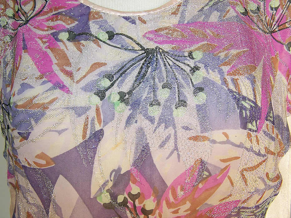 Art Deco Purple Floral Lam&eacute; Silver Metallic Pink Silk Drop Waist Dress