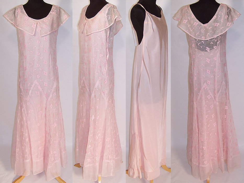 Floral Embroidered Pink Organdy Shawl Collar Bias Cut Dress & Slip