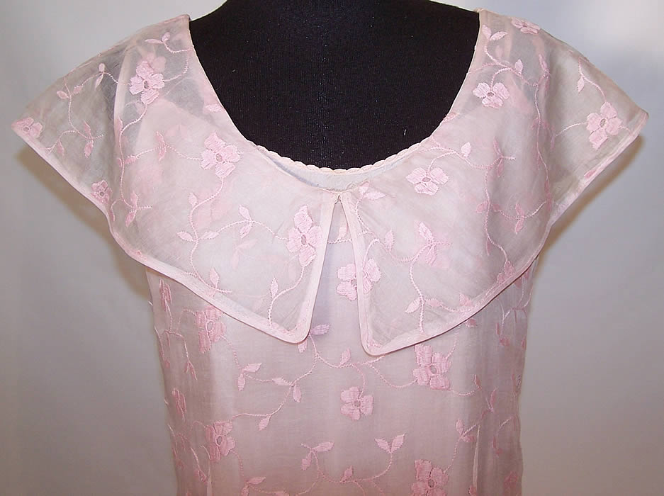Floral Embroidered Pink Organdy Shawl Collar Bias Cut Dress & Slip