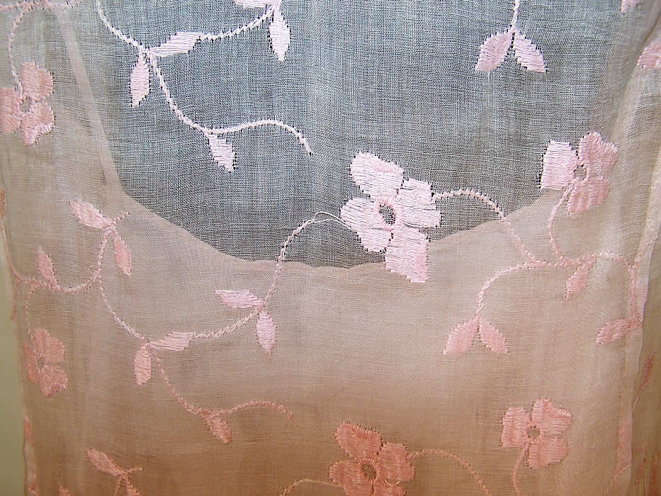 Floral Embroidered Pink Organdy Shawl Collar Bias Cut Dress & Slip