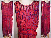 Vintage 1920s Art Deco Red Silk Chiffon Cobalt Blue Beaded Flapper Dress