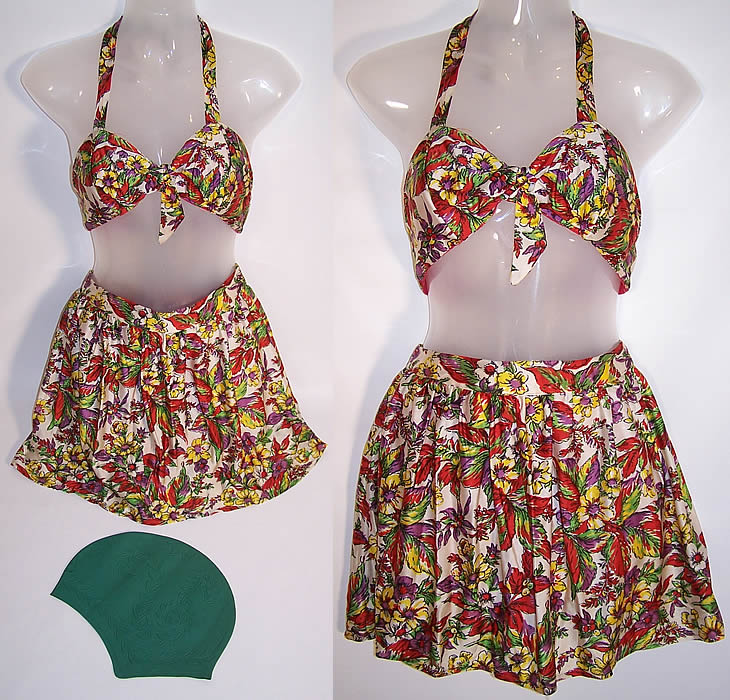 Vintage Floral Silk Rayon Tricot Pinup Bikini Swimsuit & Bathing Swim Cap