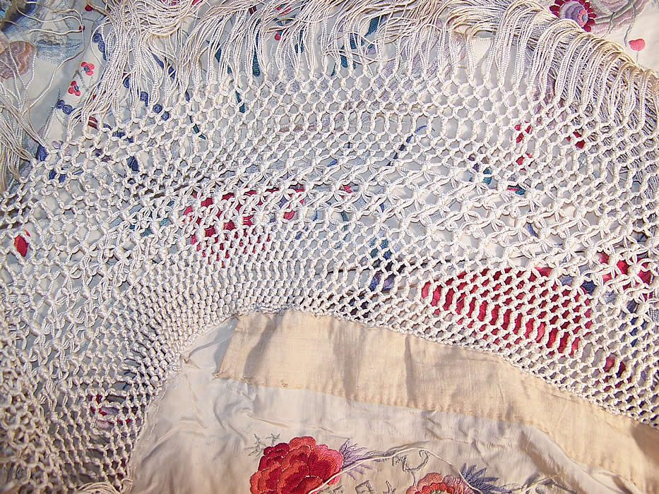 Antique Silk Embroidered Chinese Peacock Feather Floral Canton Piano Shawl close up.