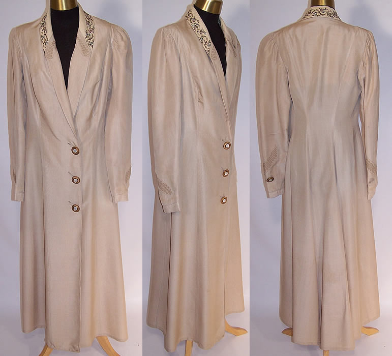 Edwardian Women's Ecru Silk Embroidered Travel Motoring Driving Duster Coat