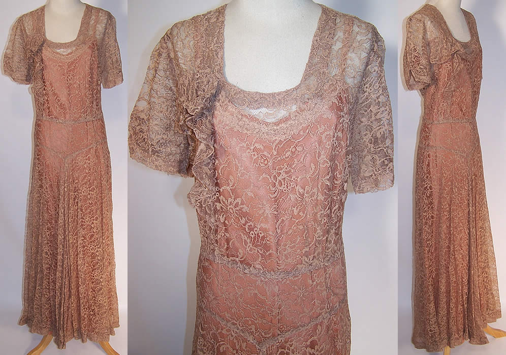 Vintage Ecru Net Floral Lace Formal Bridesmaid Dress & Slip 
