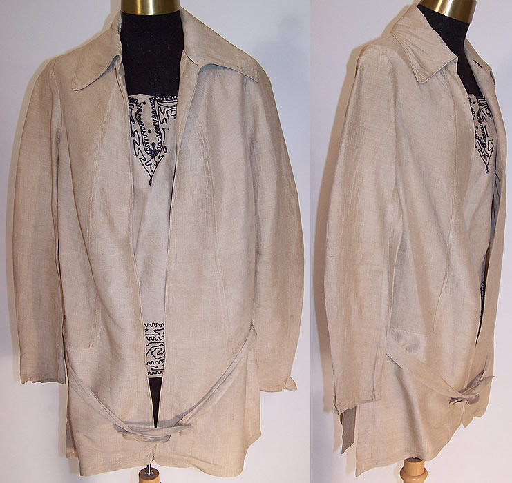 Edwardian Ecru Raw Silk Embroidered Arts & Crafts Belted Blouse Jacket