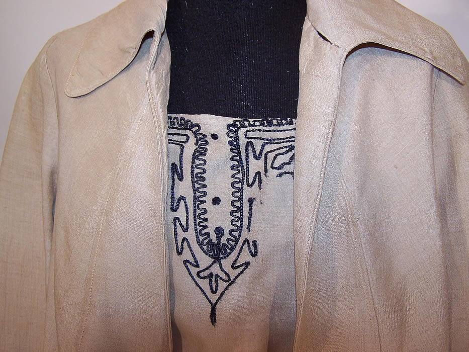 Edwardian Ecru Raw Silk Embroidered Arts & Crafts Belted Blouse Jacket close up