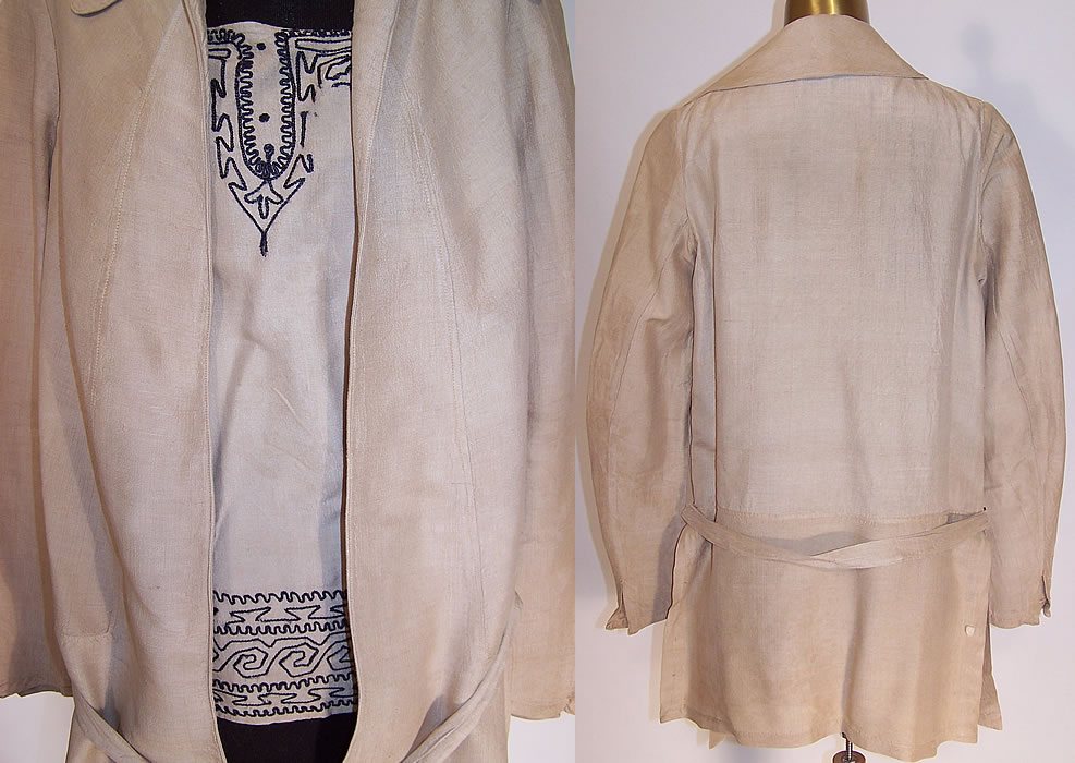 Edwardian Ecru Raw Silk Embroidered Arts & Crafts Belted Blouse Jacketclose up and back view.