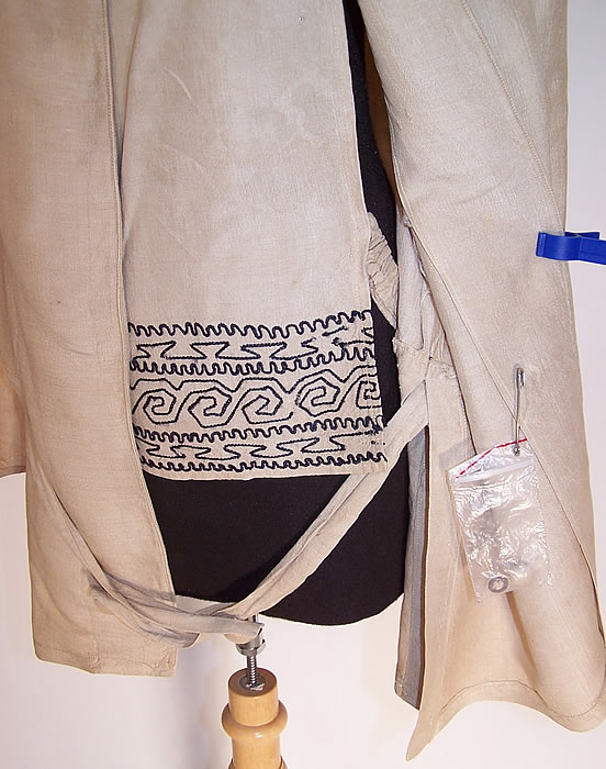 Edwardian Ecru Raw Silk Embroidered Arts & Crafts Belted Blouse Jacket close up.