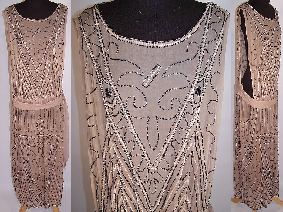 Art Deco Taupe Silk Silver Beaded Drop Waist Flapper Dress