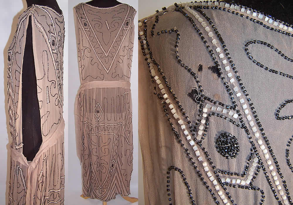 Art Deco Taupe Silk Silver Beaded Drop Waist Flapper Dress side and back view as well as a close up of 3 small holes on the back shoulder.