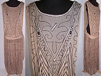 Art Deco 1920s Taupe Silk Silver Beaded Drop Waist Flapper Dress