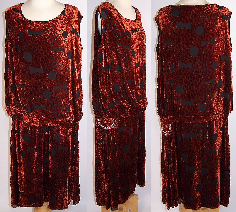 Art Deco Orange & Black Voided Velvet Rhinestone Drop Waist Flapper Dress