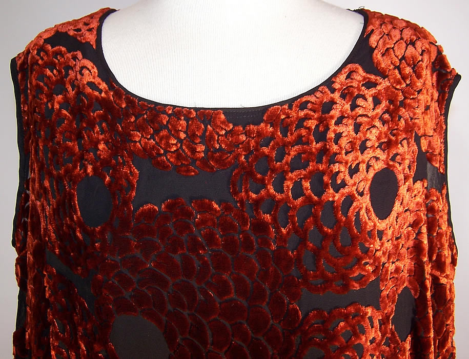 Art Deco Orange & Black Voided Velvet Rhinestone Drop Waist Flapper Dress close up