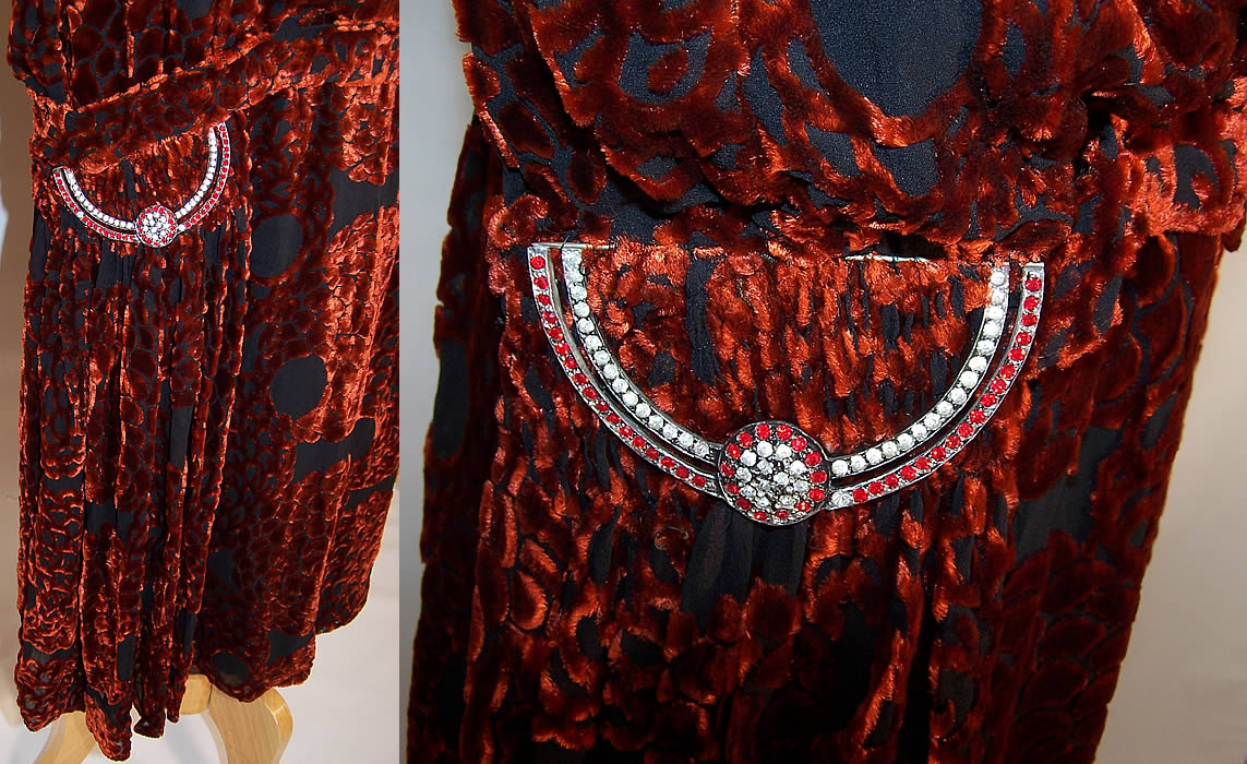 Art Deco Orange & Black Voided Velvet Rhinestone Drop Waist Flapper Dress two close ups