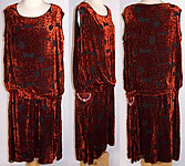 Art Deco Orange & Black Voided Velvet Rhinestone Drop Waist Flapper Dress