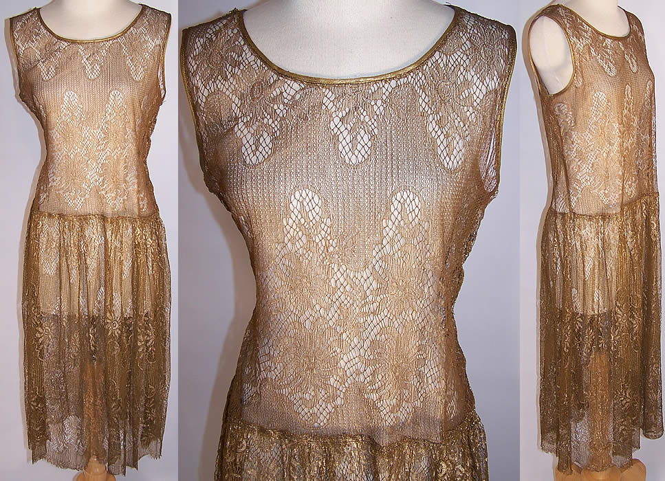 Art Deco Gold Metallic Lam&eacute; Lace Drop Waist Flapper Dress