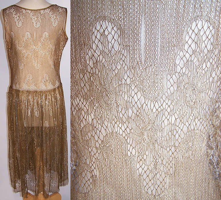 Art Deco Gold Metallic Lam&eacute; Lace Drop Waist Flapper Dress