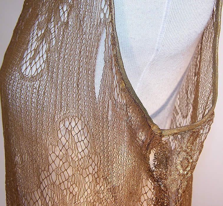 Art Deco Gold Metallic Lam&eacute; Lace Drop Waist Flapper Dress close up.