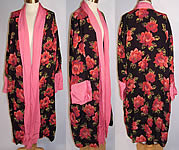Vintage Black Silk Rayon Pink Roses Floral Print Robe Coat