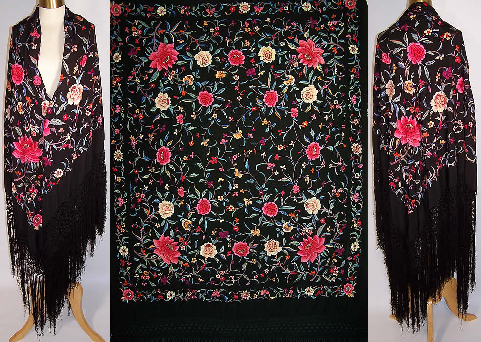 Antique Black Silk Colorful Floral Embroidered Canton Piano Shawl