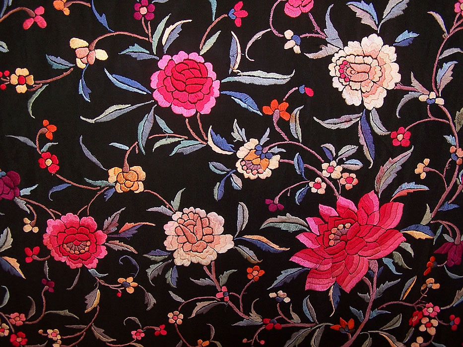 Antique Black Silk Colorful Floral Embroidered Canton Piano Shawl close up