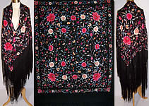Antique 1920s Black Silk Colorful Floral Embroidered Canton Piano Shawl