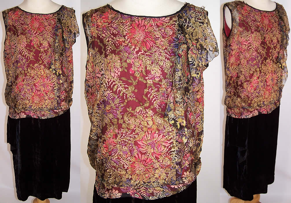 Vintage Gold Lam&eacute; Floral Silk Chiffon Velvet Drop Waist Dress 