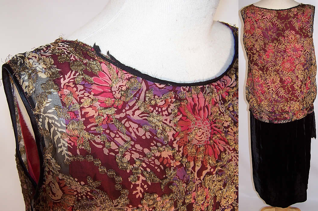Vintage Gold Lam&eacute; Floral Silk Chiffon Velvet Drop Waist Dress 