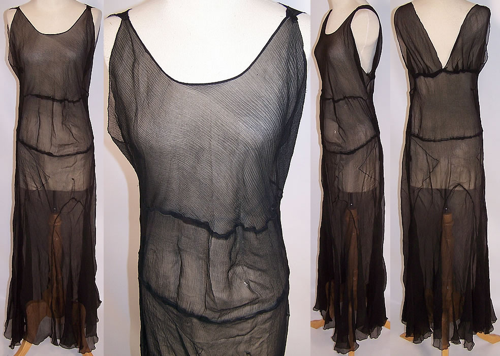 Vintage Sheer Black Silk Chiffon Bias Cut Slip Dress Evening Gown 
