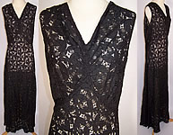 Vintage 1930s Sheer Black Lace Olive Leaf Pattern Bias Cut Dress Evening Gown 