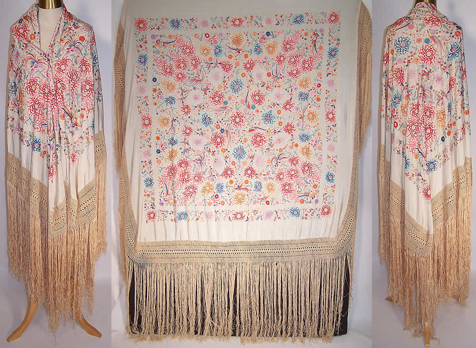 Antique Silk Pastel Embroidered Floral Bird Chinese Canton Piano Shawl
