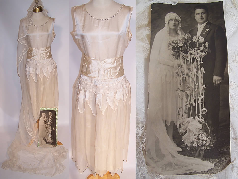 Vintage Cream Silk Beaded Bridal Wedding Dress Lace Veil & Photo