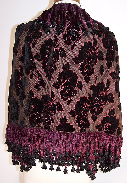 Victorian Red & Black Voided Velvet Chenille Beaded Fringe Dolman Mantle Cape