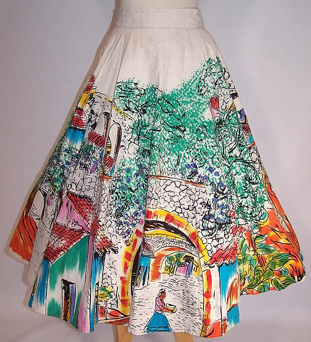 Vintage Tel-Art Figural Village Scene Hand Painted Mexican Circle Skirt 