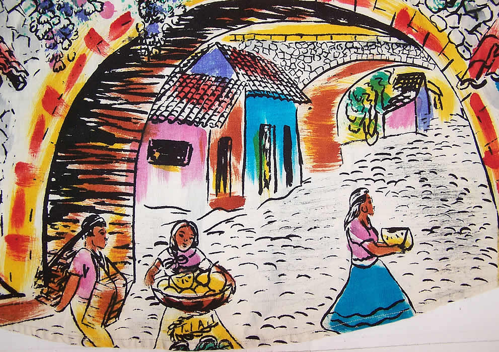 Vintage Tel-Art Figural Village Scene Hand Painted Mexican Circle Skirt 