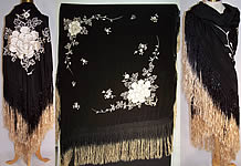 1920s Antique Art Deco Black & White Silk Roses Floral Embroidered Piano Shawl