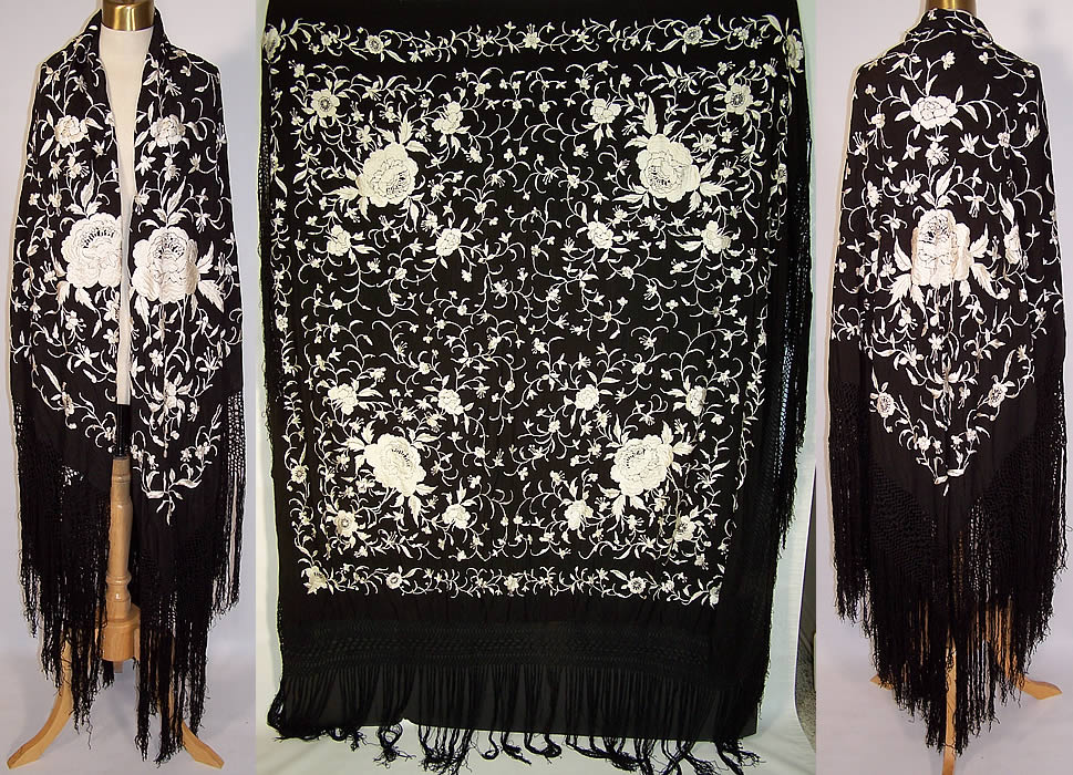 Antique Black & White Floral Silk Embroidered Canton Piano Shawl