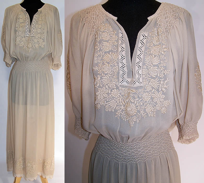 Vintage Cream Silk Crepe Floral Smocking Embroidered Boho Peasant Dress