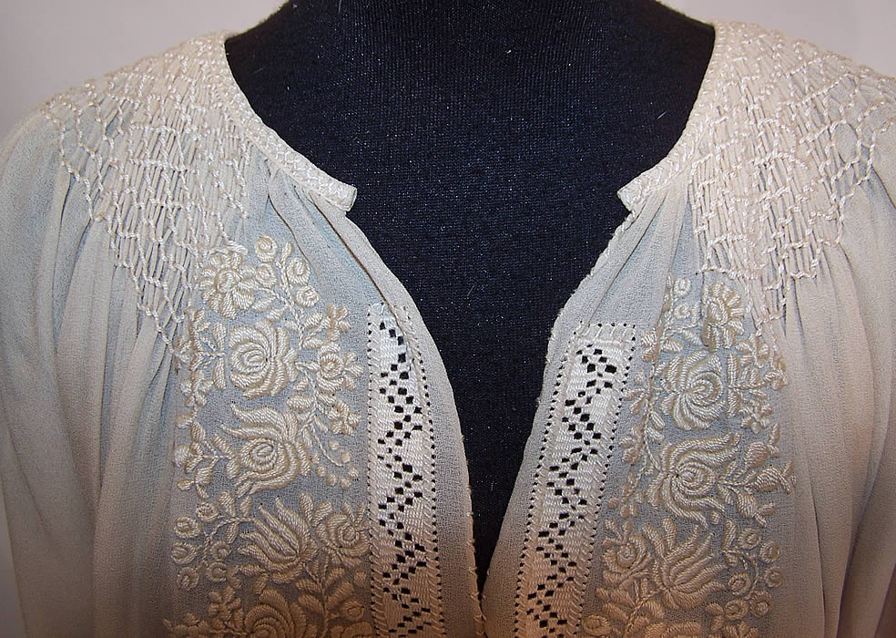 Vintage Cream Silk Crepe Floral Smocking Embroidered Boho Peasant Dress