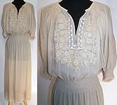 Vintage 1920s Cream Silk Crepe Floral Smocking Embroidered Boho Peasant Dress